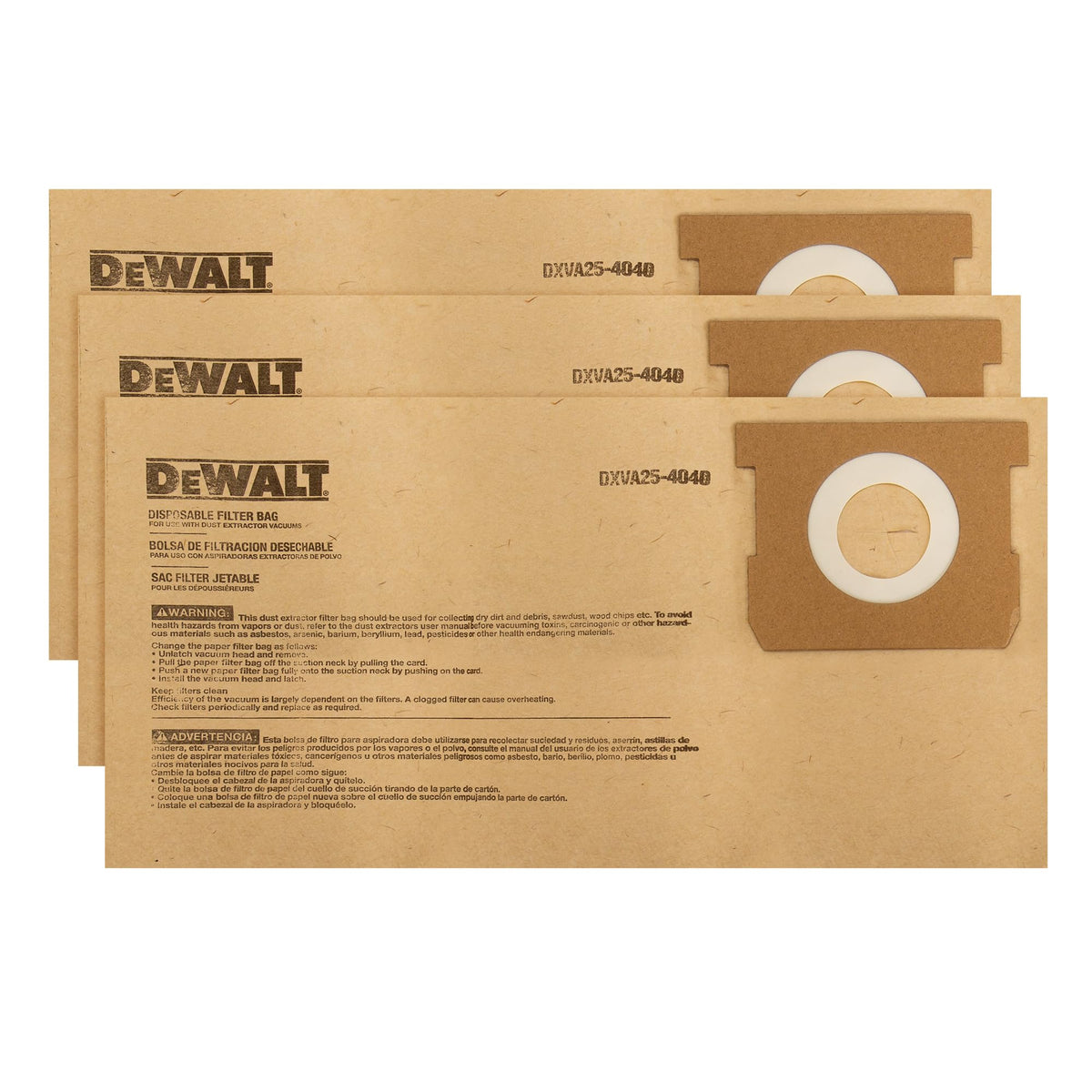 DEWALT DXVA25-4040 dust bag pack for 4-gallon vacuums, optimized for minimal downtime.