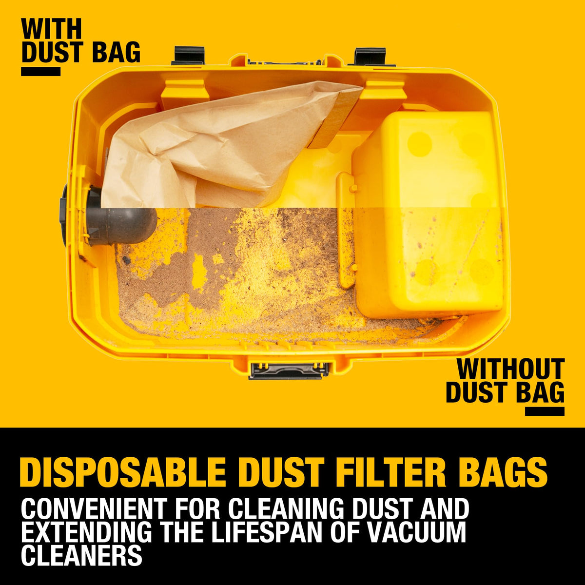 DEWALT bag installs quickly for smoother project cleanup.