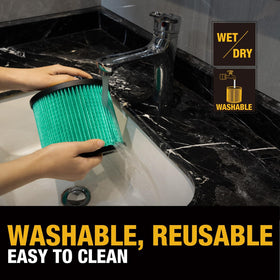 Washable DEWALT DXVC4003 filter being cleaned for reuse