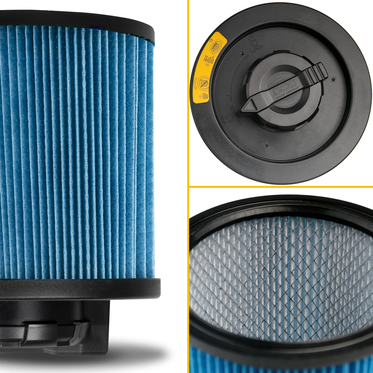 DEWALT DXVC6912 pleated design boosts airflow and reduces clogs in dusty tasks
