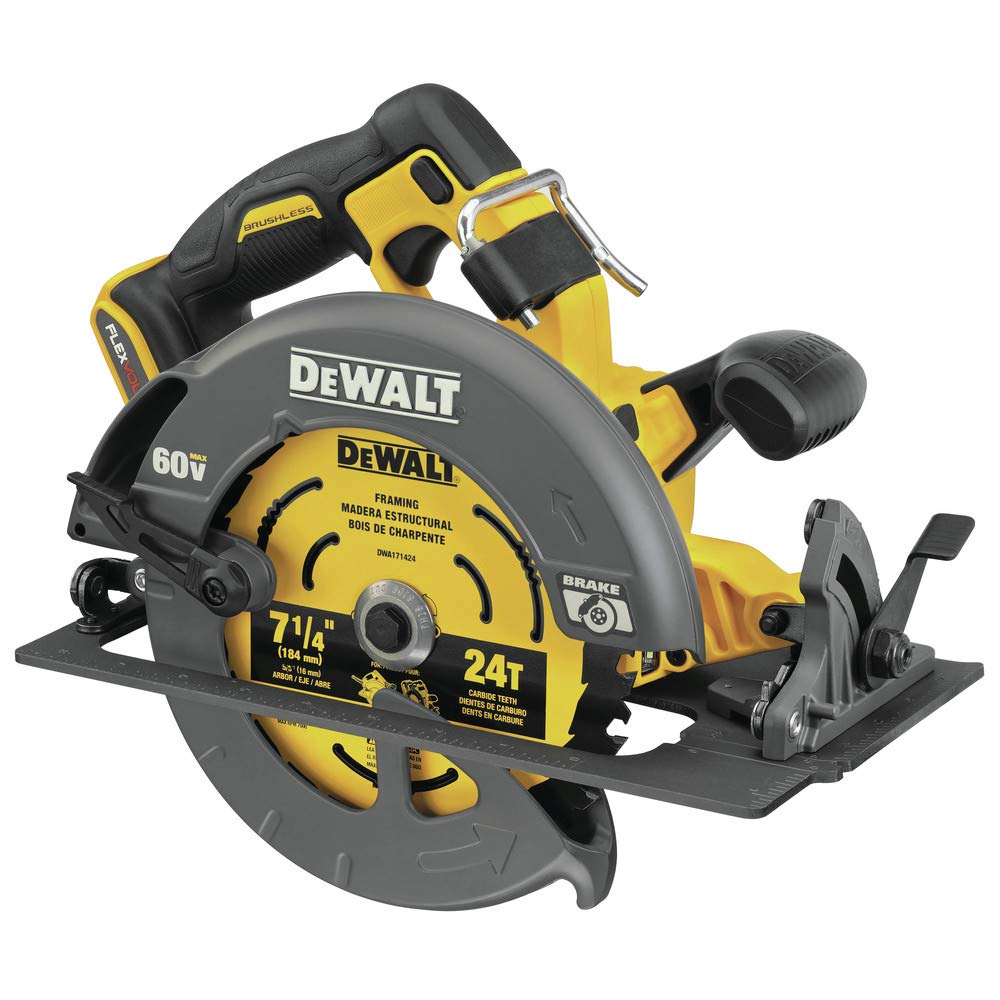 DEWALT FLEXVOLT 60V Max circular saw brake offers safer, immediate blade stopping for accurate cuts.