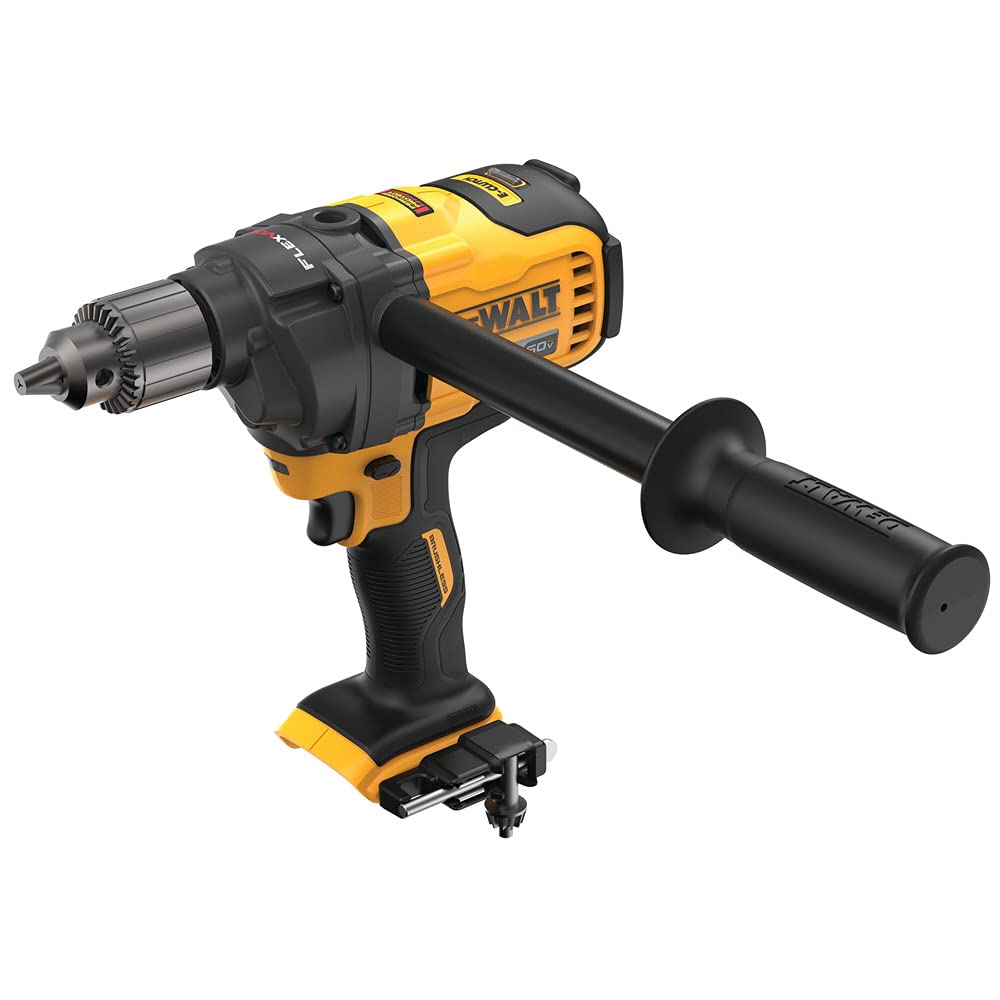 DEWALT DCD130B with side handle for ergonomic control during mixing.