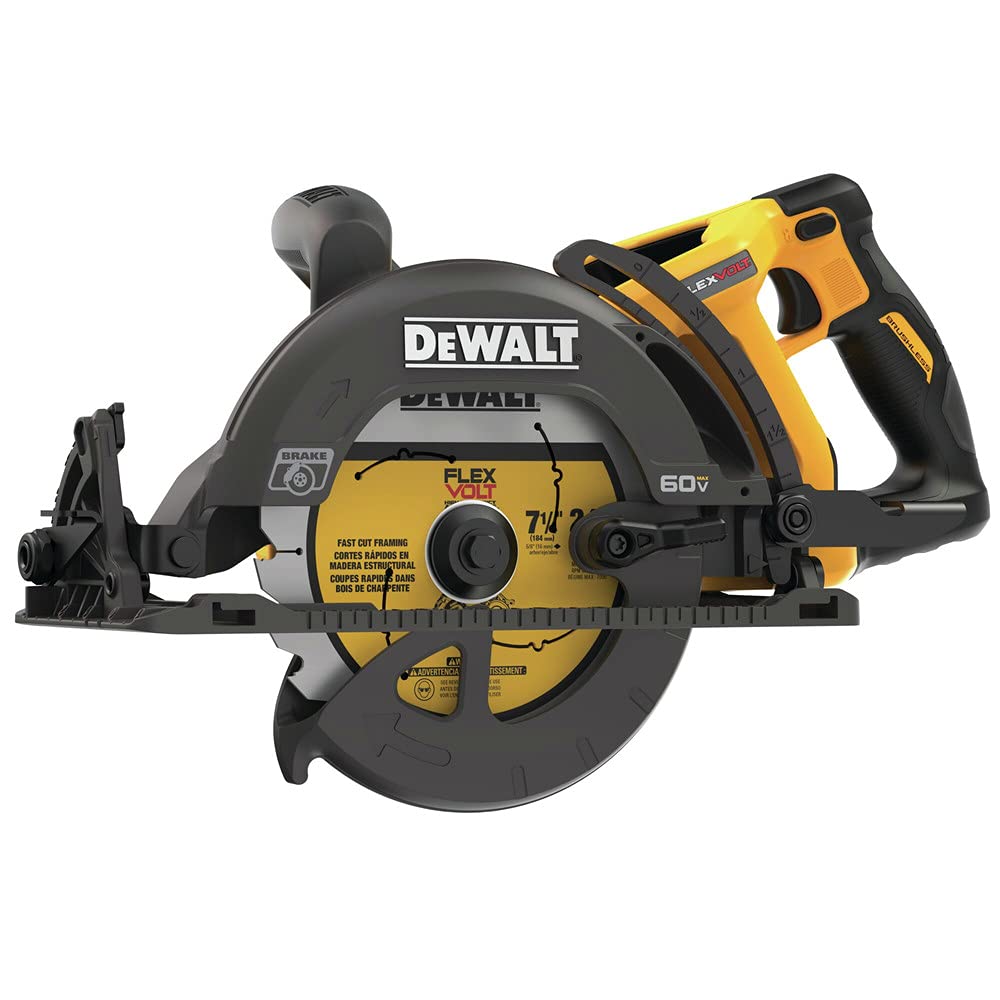 DEWALT FLEXVOLT 60V MAX saw left-blade view for precise framing cuts