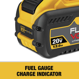 DEWALT FLEXVOLT DCB612 LED fuel gauge on battery for quick status checks