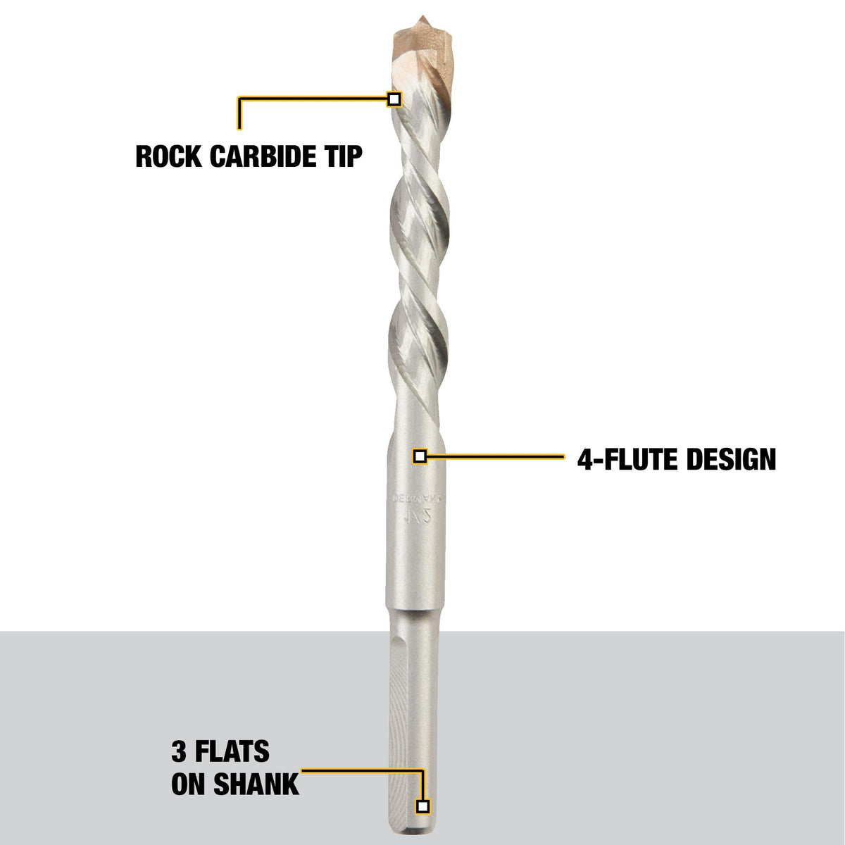 DEWALT four-flute design demonstrates debris-clearing capability for faster masonry drilling.