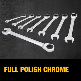 DEWALT polished chrome finish on wrenches for durability and easy cleaning.