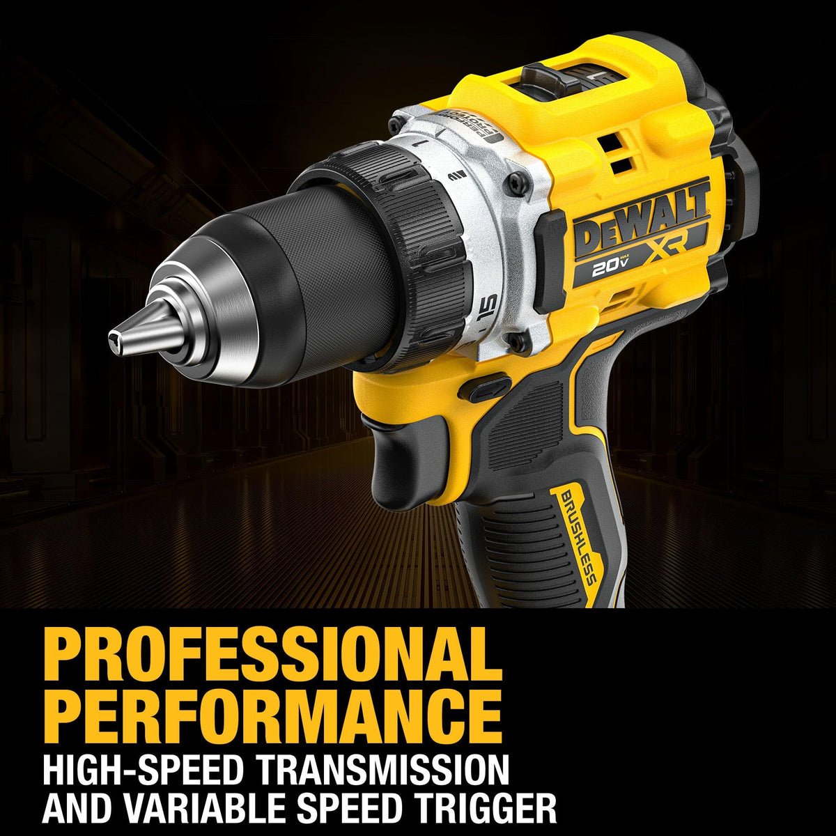 DEWALT 1/2-inch metal ratcheting chuck ensures secure bit retention.