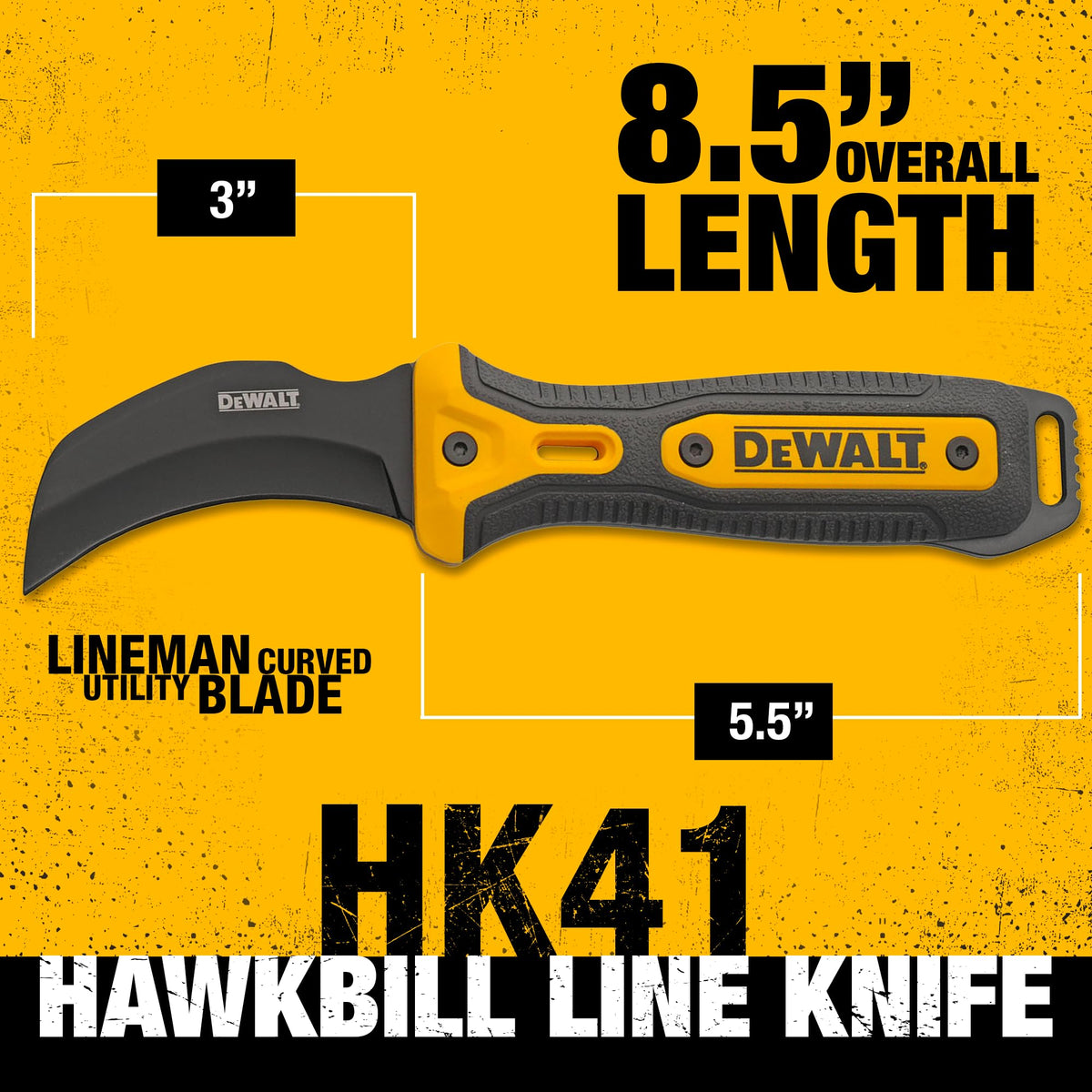 DEWALT Hawkbill Line Knife handle with non-slip grip for comfort on wet or oily jobs.