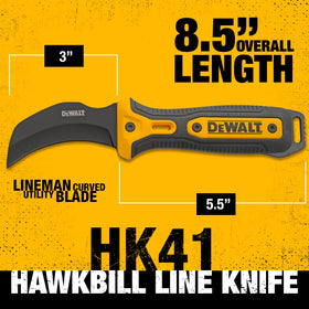 DEWALT Hawkbill Line Knife handle with non-slip grip for comfort on wet or oily jobs.
