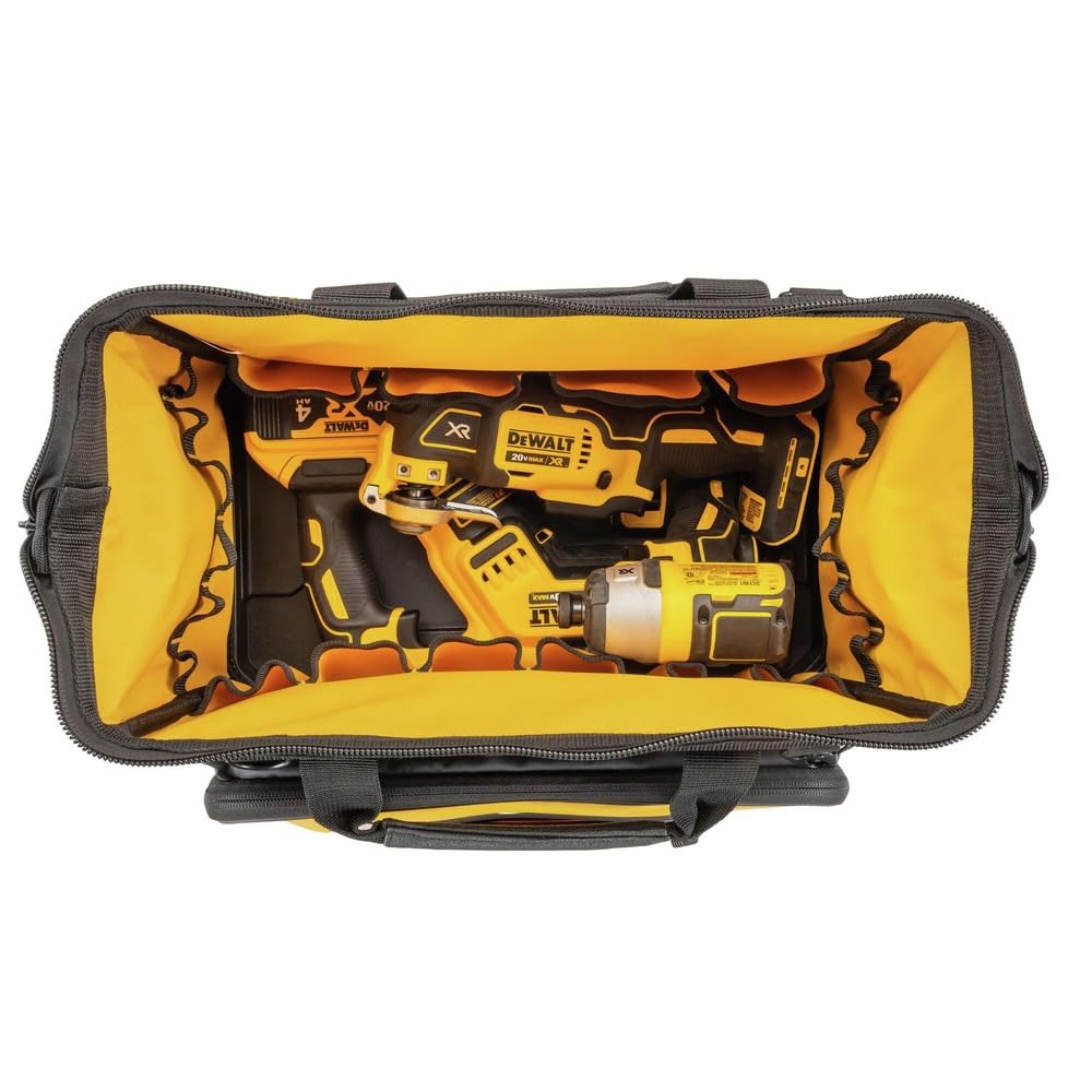 DEWALT hi-vis yellow interior improves visibility for fast tool selection.