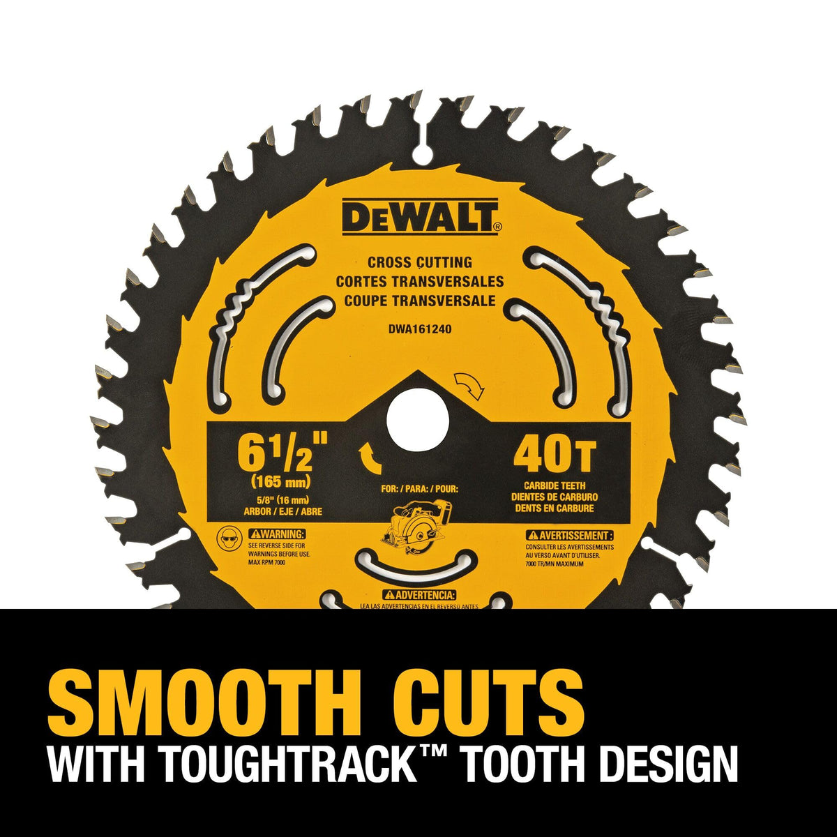 DEWALT high density carbide teeth support wear resistance and long life.