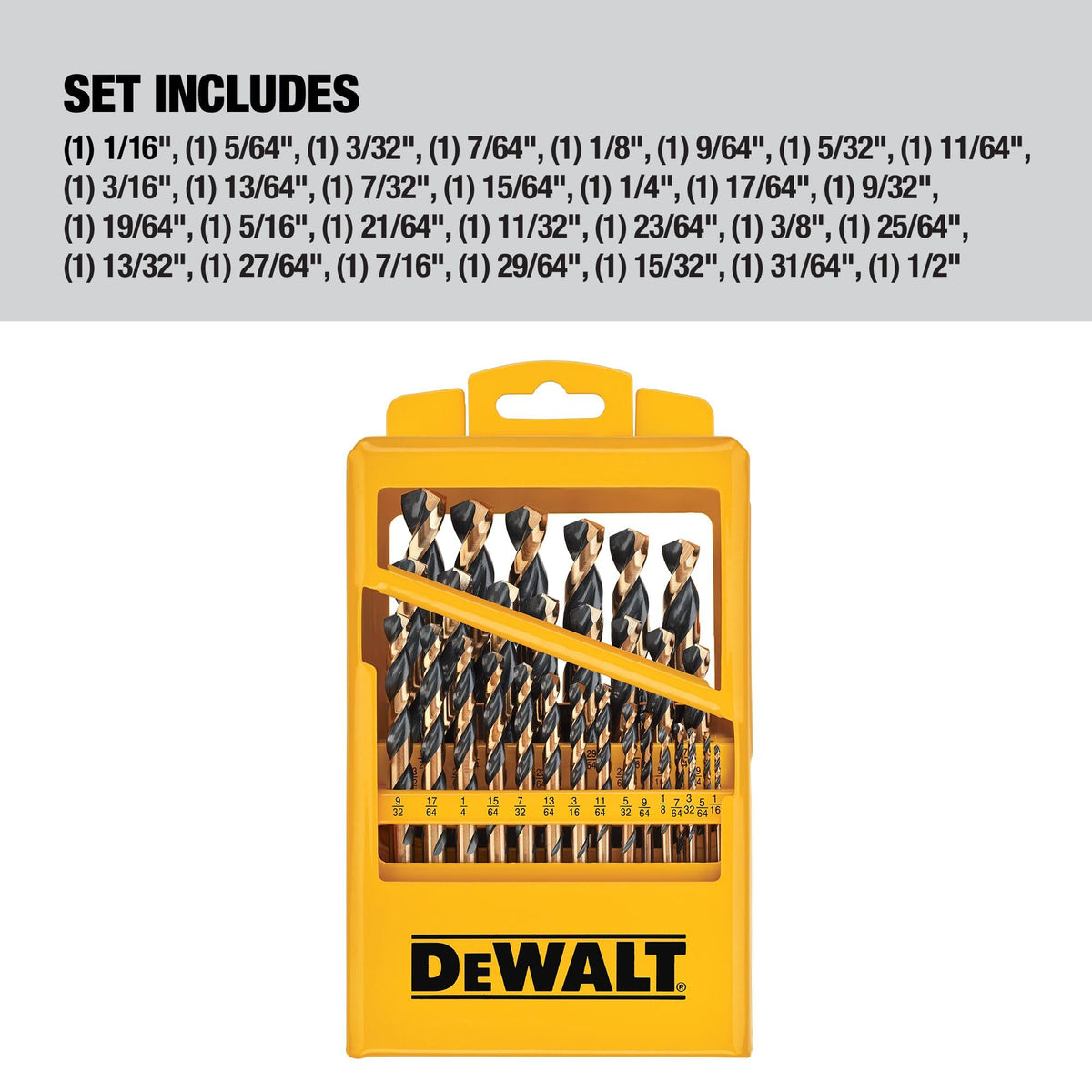 DEWALT high-speed steel drill bits close-up for versatile plastic, wood, and metal work