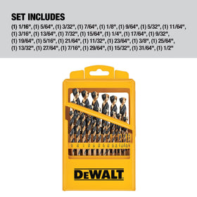 DEWALT high-speed steel drill bits close-up for versatile plastic, wood, and metal work