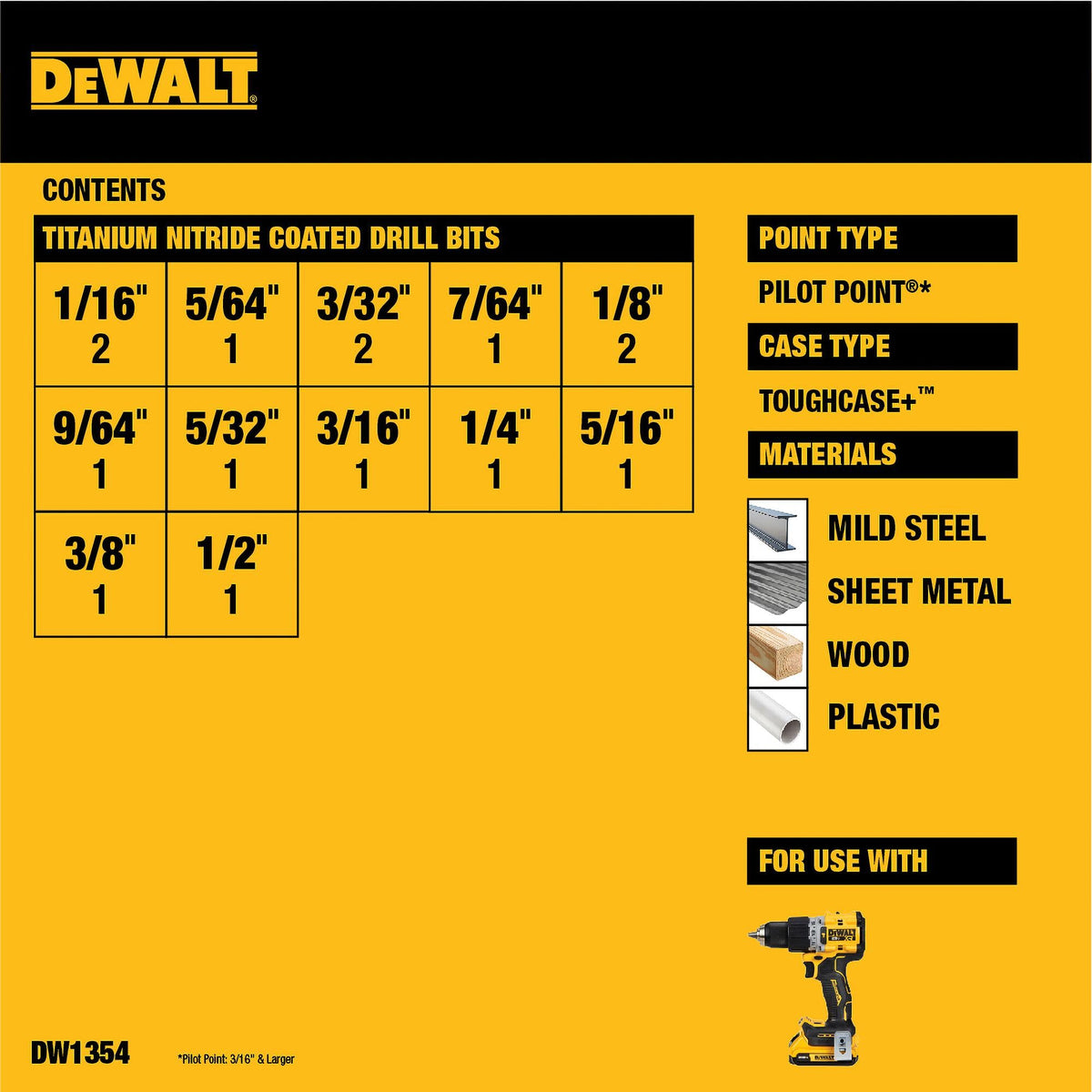 DEWALT impact-ready titanium nitride coated bits enhance durability for tough materials.