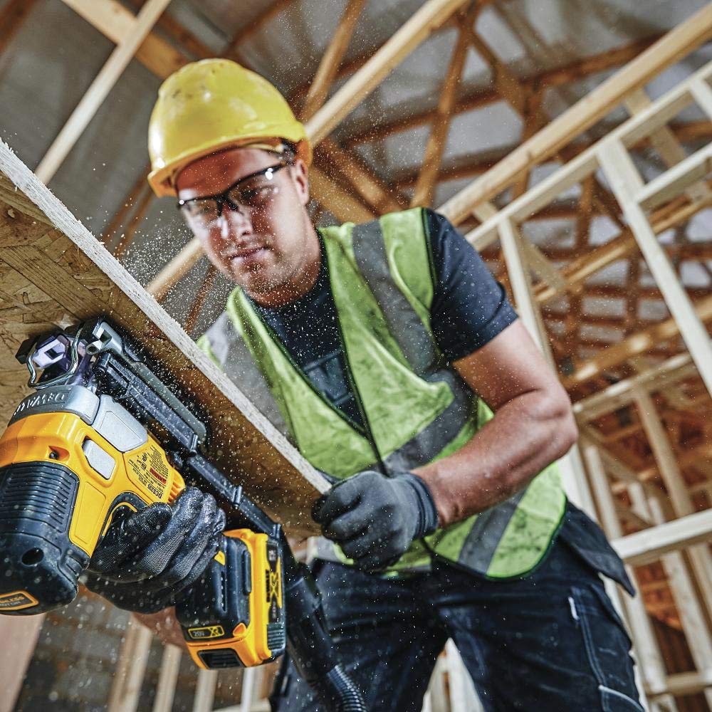 DEWALT integrated dust blower and no-mar shoe cover protect surfaces