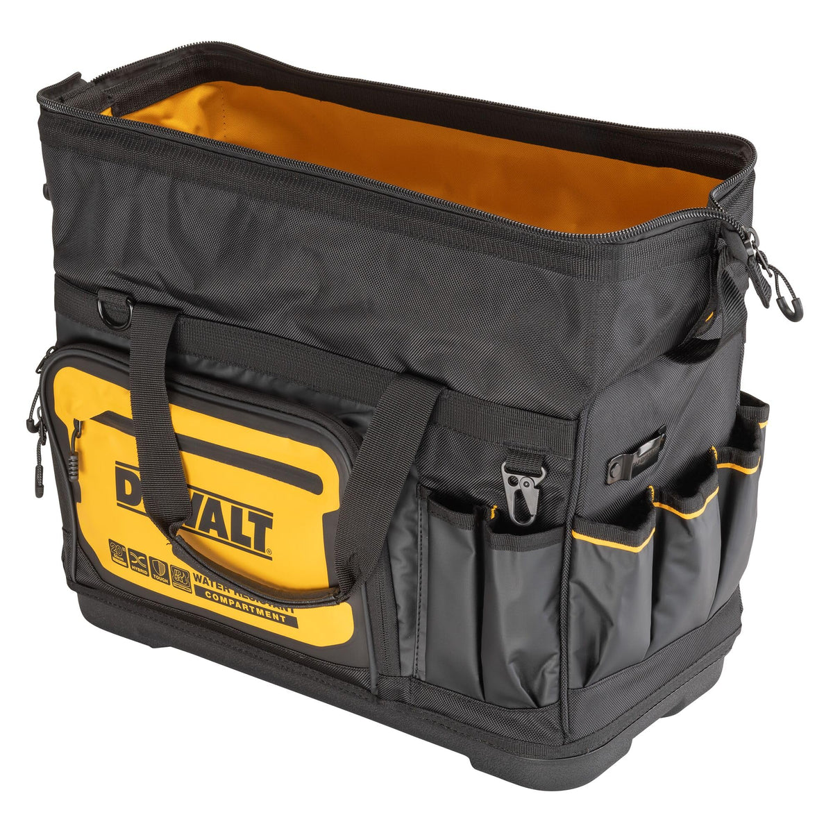 DEWALT IP54 water-resistant compartment protects valuables outdoors