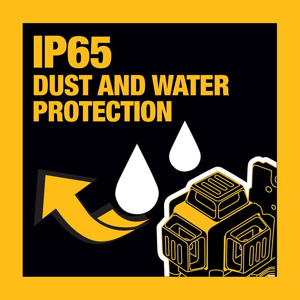 DEWALT IP65-rated housing shields the tool from dust and water.