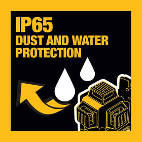 DEWALT IP65-rated housing shields the tool from dust and water.