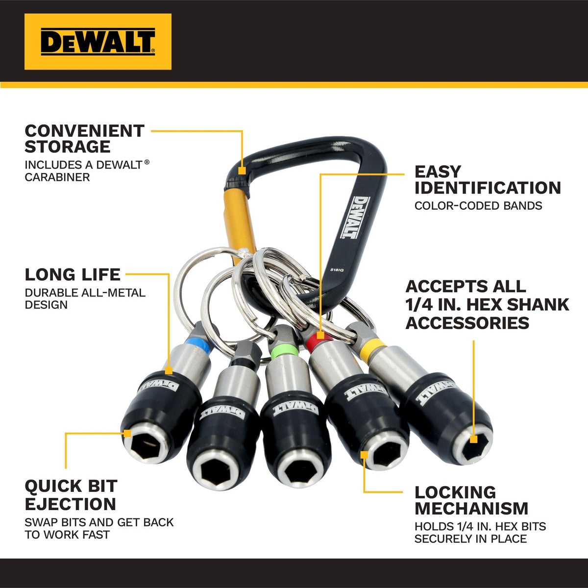 DEWALT carabiner keeps bits on your belt for quick field access.