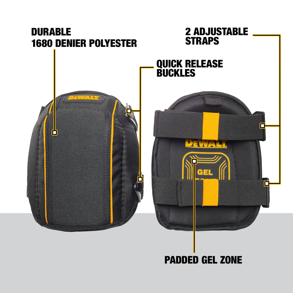 DEWALT knee pads offer durable 1680 denier fabric for rugged job sites.