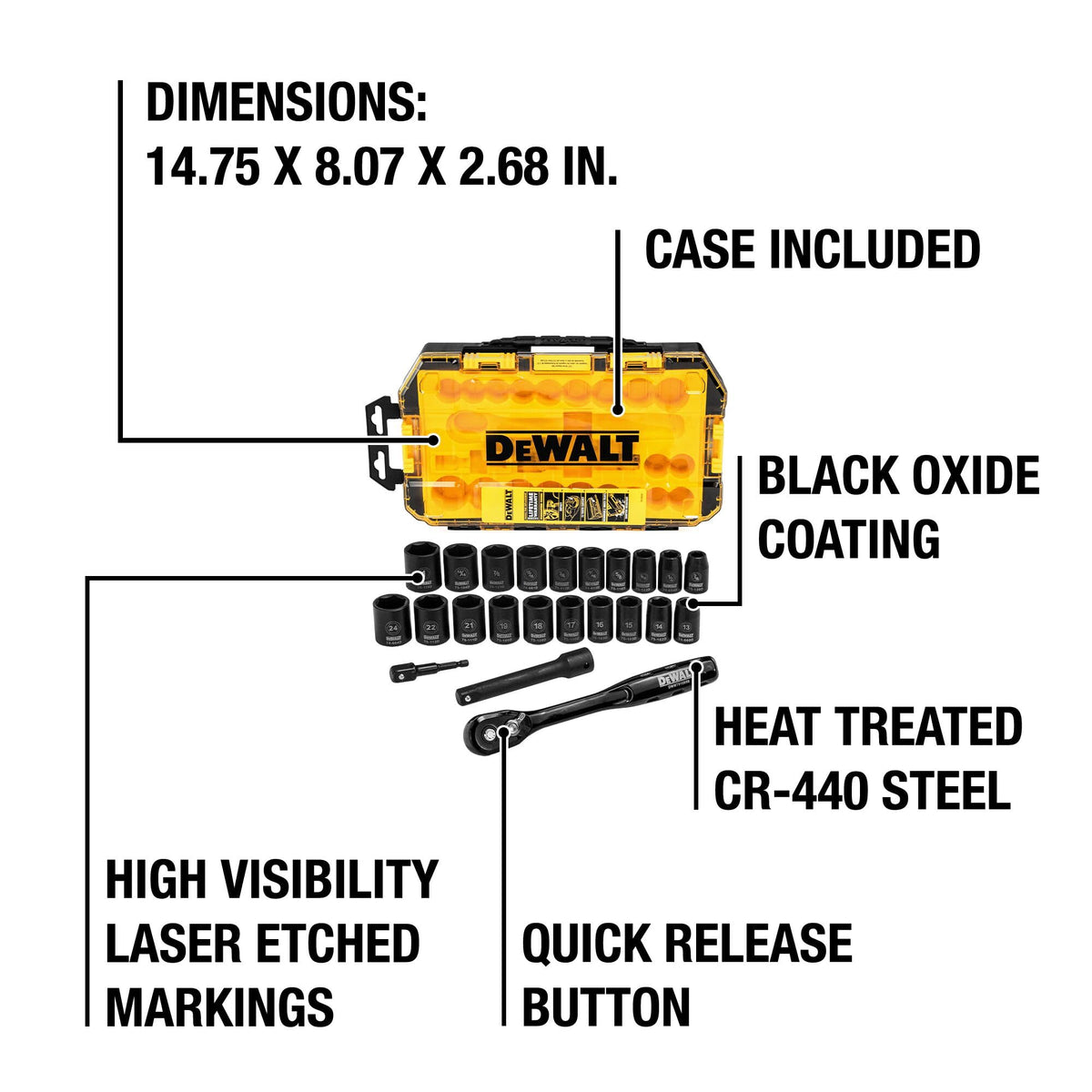 DEWALT laser-etched sockets for quick size identification