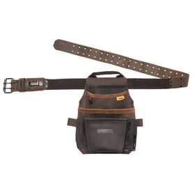 DEWALT leather pouch with belt showcasing 12-pocket organization for tools.