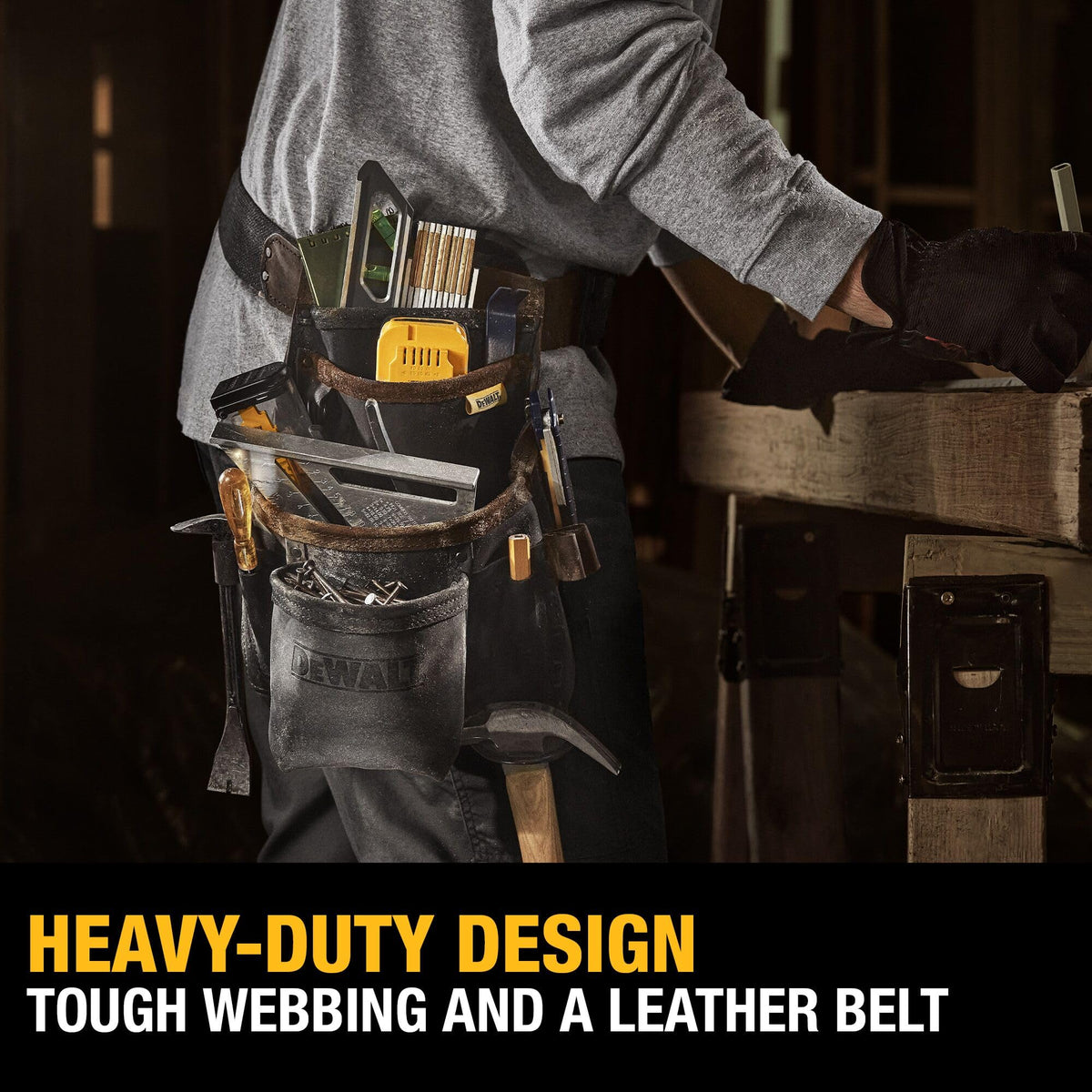 DEWALT leather pouch-belt open view with easy-access pockets.