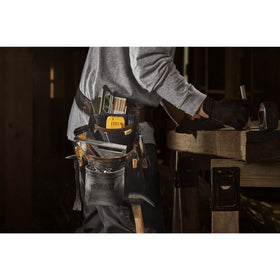 DEWALT leather pouch-belt side sleeves for extra storage.