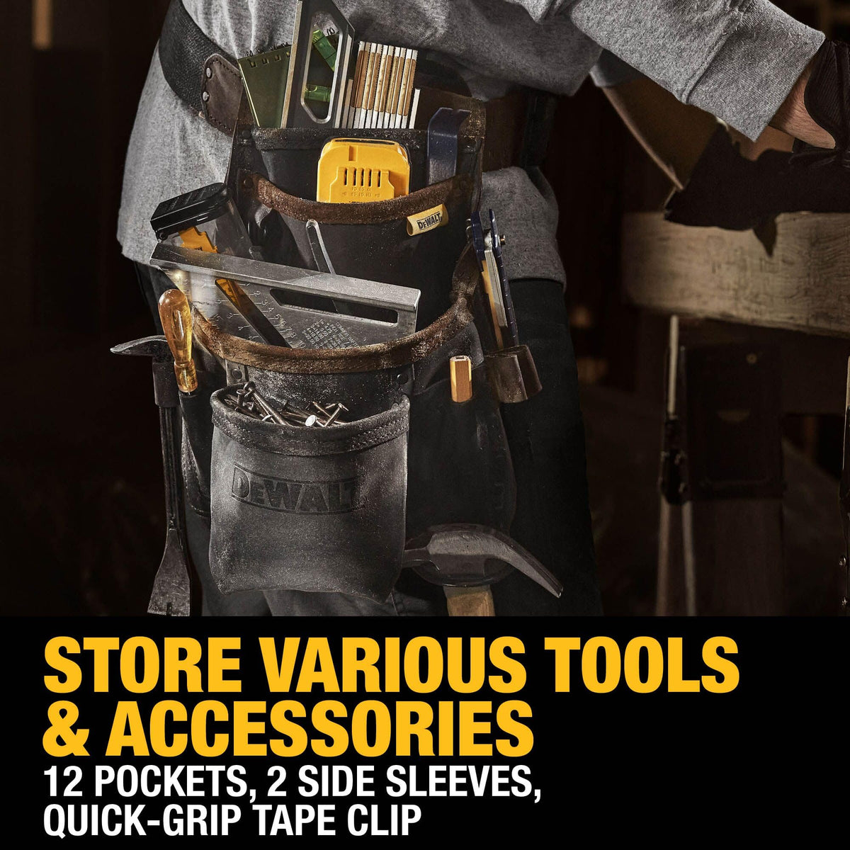 DEWALT leather pouch-belt quick-grab tape clip for fast measure.