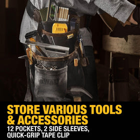 DEWALT leather pouch-belt quick-grab tape clip for fast measure.