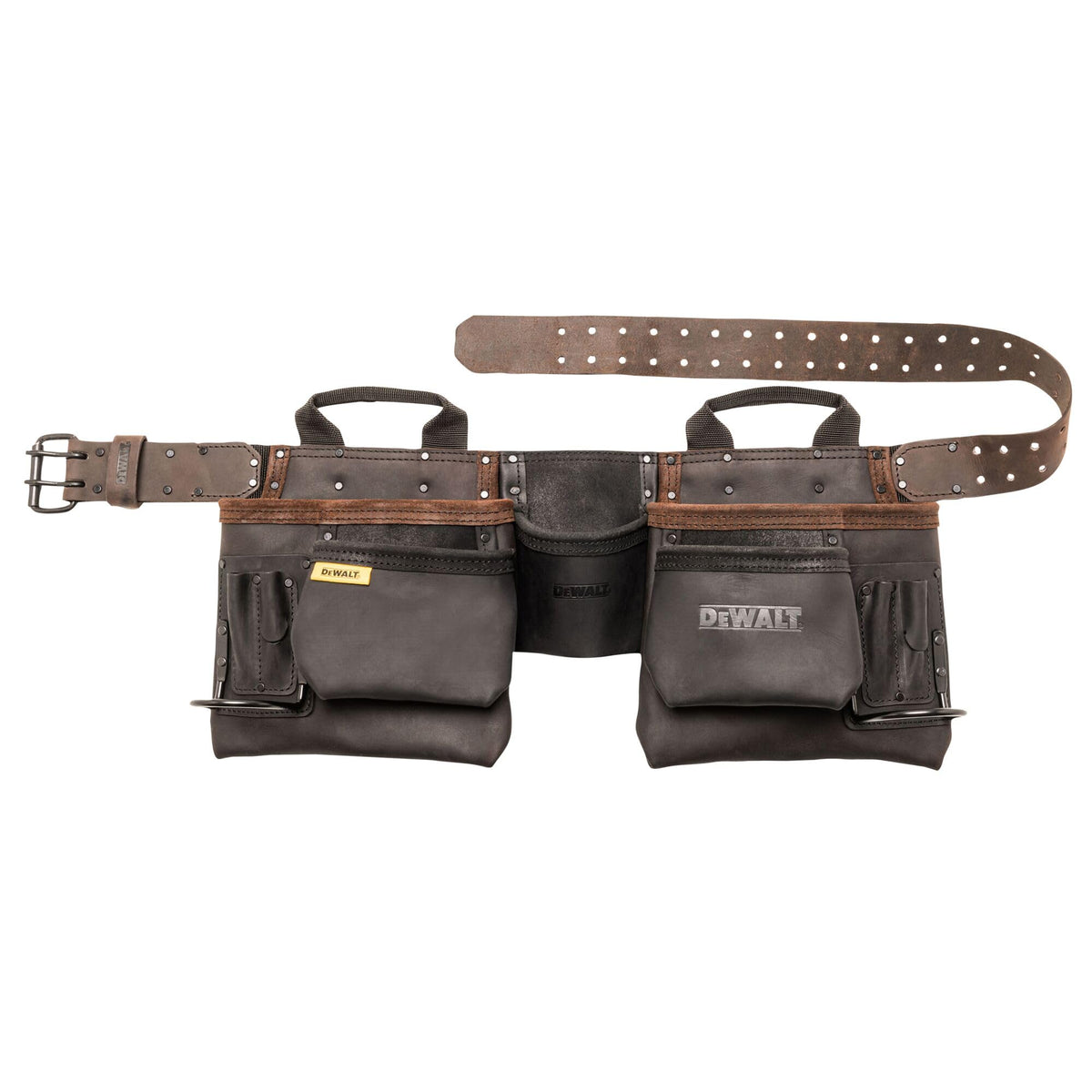 DEWALT leather tool belt with 11 pockets for quick tool access.