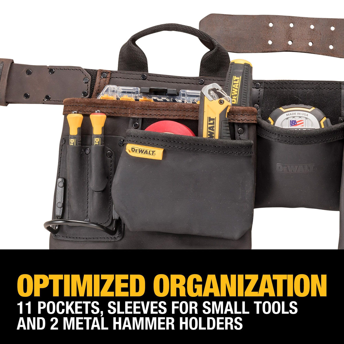 DEWALT leather tool belt hammer loops enable quick tool access.