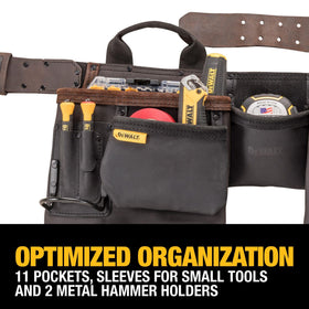 DEWALT leather tool belt hammer loops enable quick tool access.