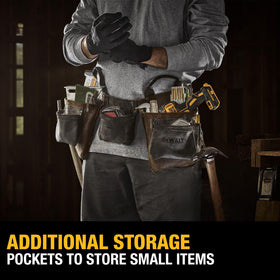 DEWALT leather tool belt detail highlighting heavy duty stitching for durability.