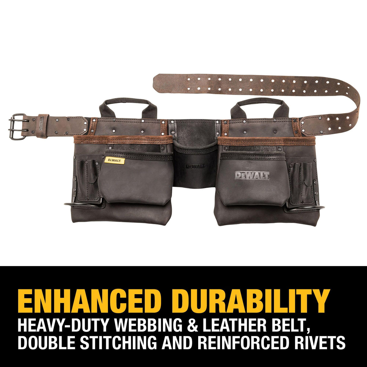 DEWALT leather tool belt shows nubuck leather and reinforced rivets for strength.