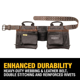 DEWALT leather tool belt shows nubuck leather and reinforced rivets for strength.