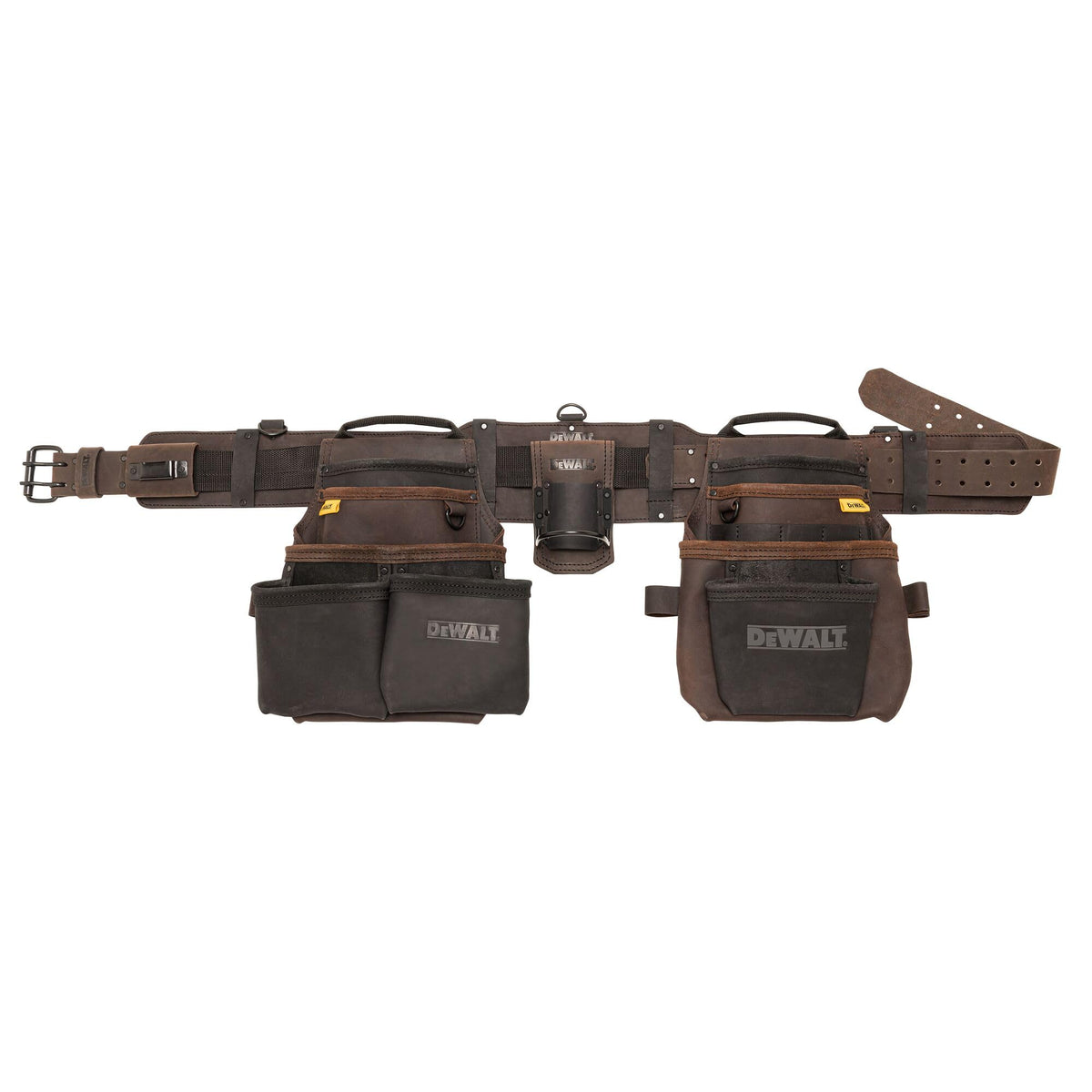 DEWALT leather tool belt organizer front view with 18 pockets for quick access