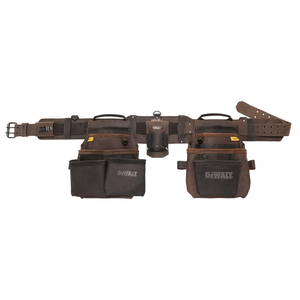 DEWALT leather tool belt organizer front view with 18 pockets for quick access