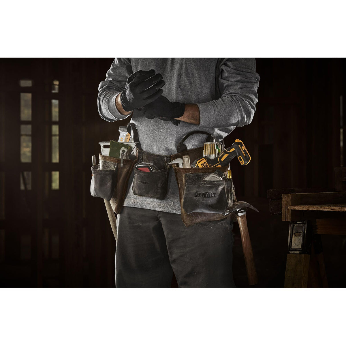DEWALT leather tool belt with wide belt for all day comfort.