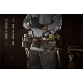 DEWALT leather tool belt with wide belt for all day comfort.