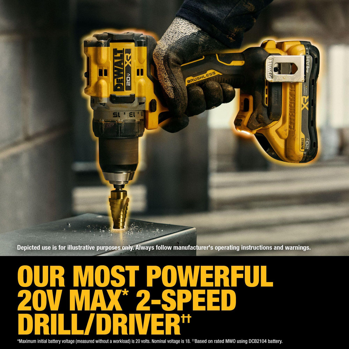 DEWALT drill with 3-position LED lighting brightens dim work areas.