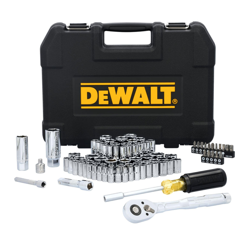 DEWALT mechanics tool set case-open view with 84 pieces for quick organization.