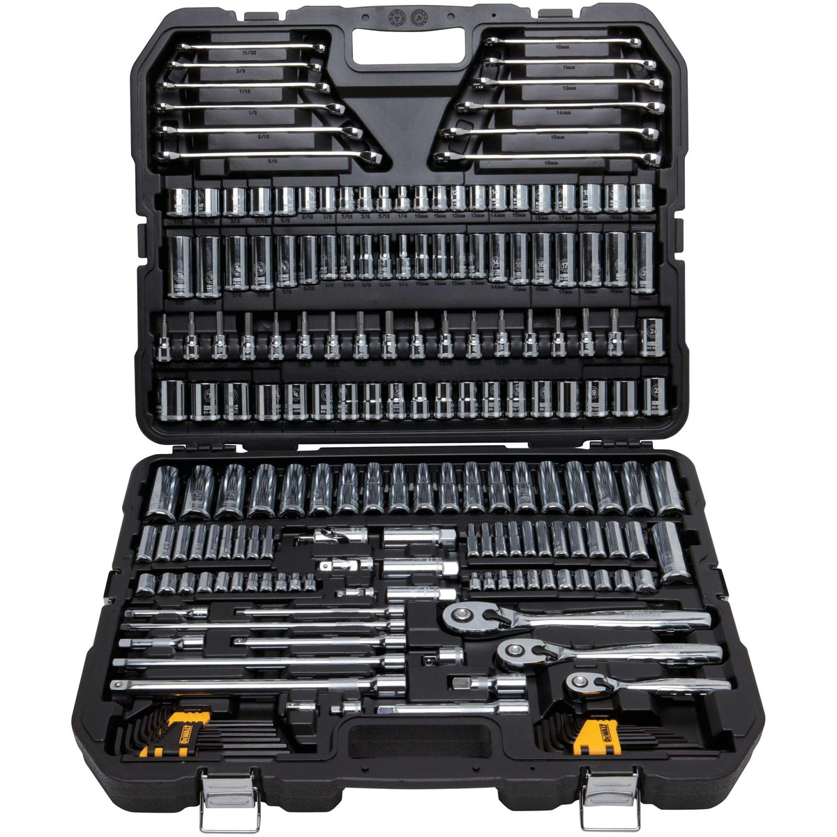 1/4, 3/8, 1/2 inch drive sockets aligned for versatile fastener sizes