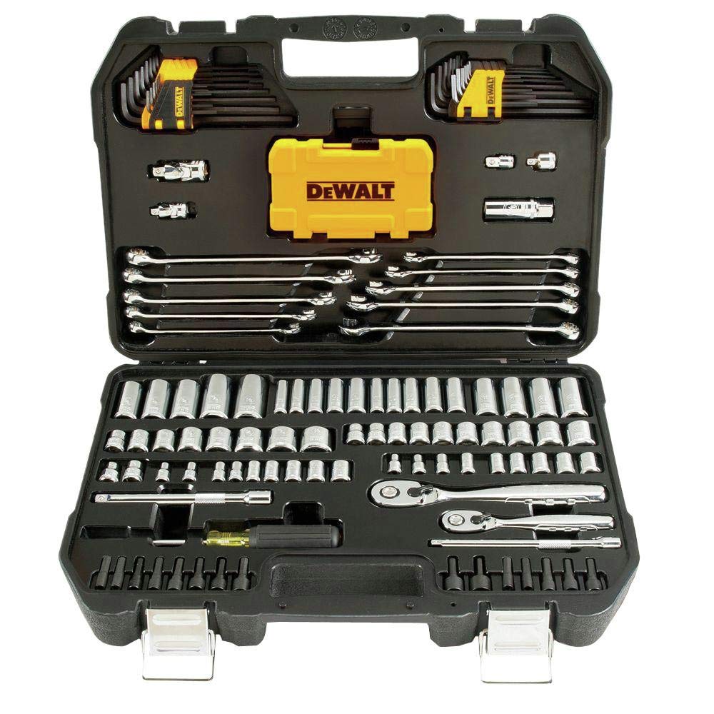 DEWALT mechanics tool set with pear head ratchets for precise control in tight spaces.