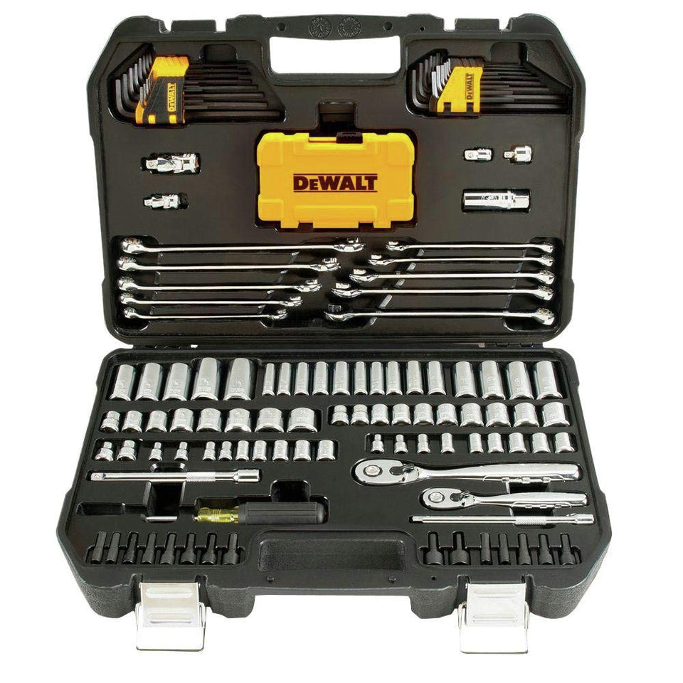 DEWALT mechanics tool set with pear head ratchets for precise control in tight spaces.