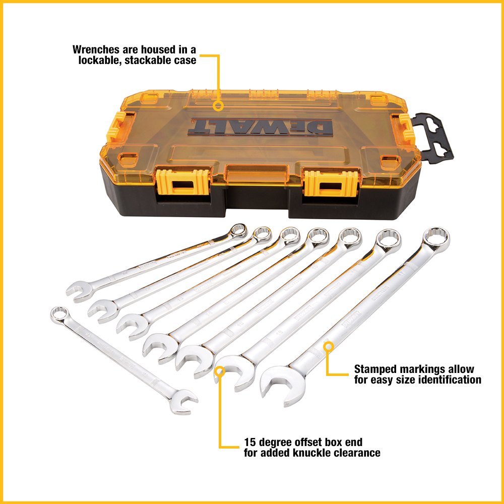 DEWALT metric wrenches featuring a long panel design for increased leverage.