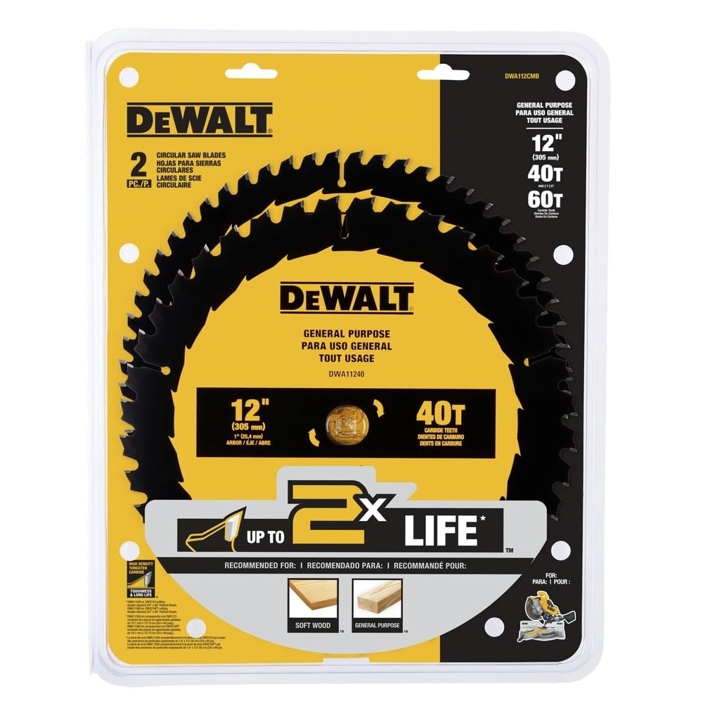 DEWALT 12-inch 60T blade for clean crosscuts and smooth finishes.
