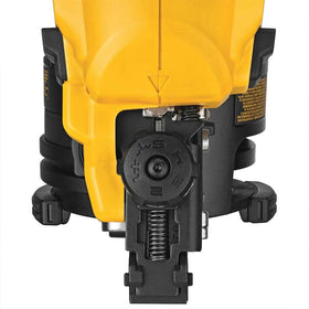 DEWALT tool-free nail tray adjustment shown during setup for versatile nail sizes.