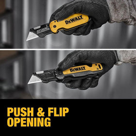 DEWALT One-handed operation knife in action for faster cuts.