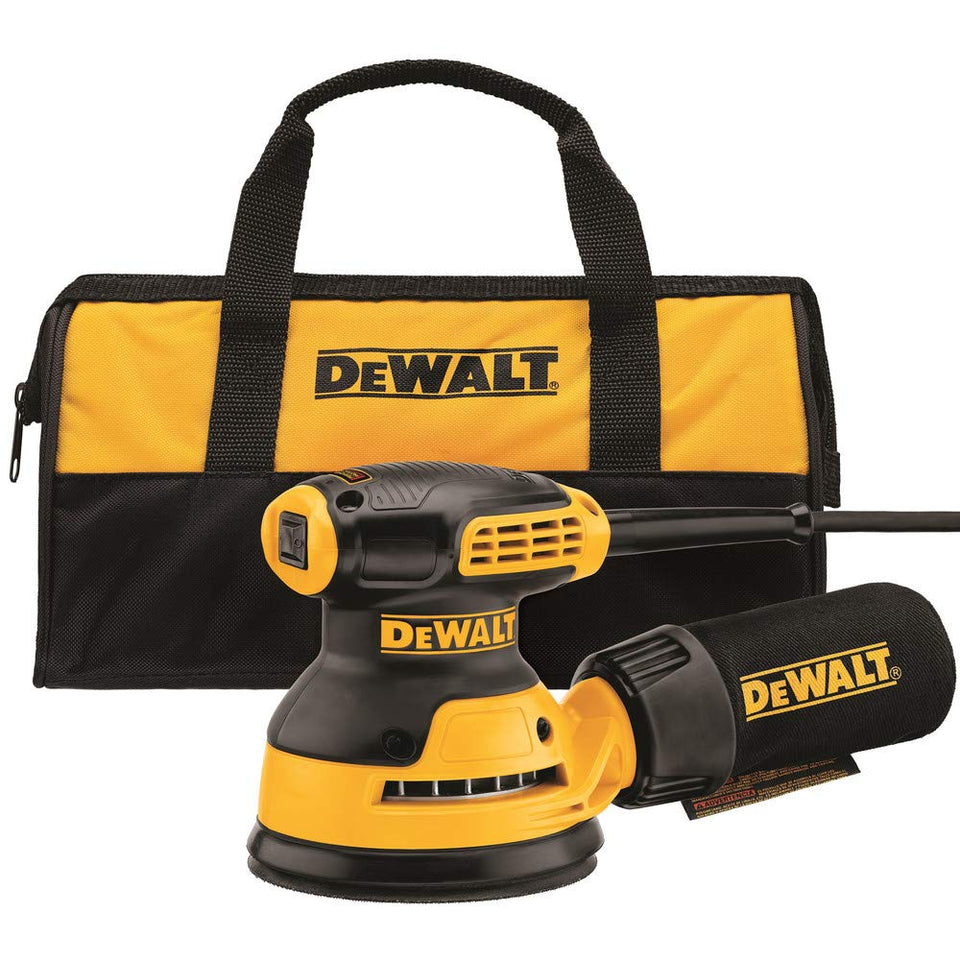 DEWALT orbital sander 5in with rubber over-mold grip for comfortable sanding.